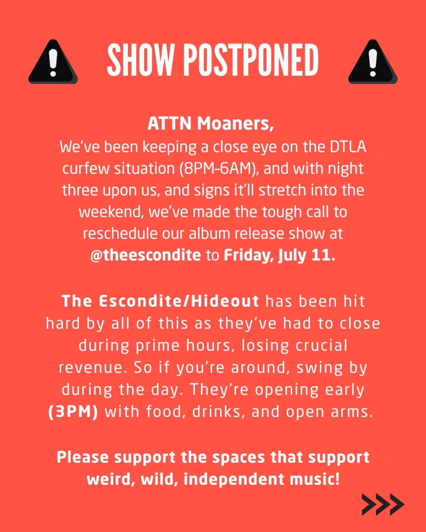 📢 UPDATE: Our DTLA album release party is postponed to Friday, July 11 due to the ongoing 8PM&ndash;6AM curfew.

We love @theescondite &amp; they&rsquo;ve been hit hard by the closures, so if you&rsquo;re local, go grab a drink or bite during the da