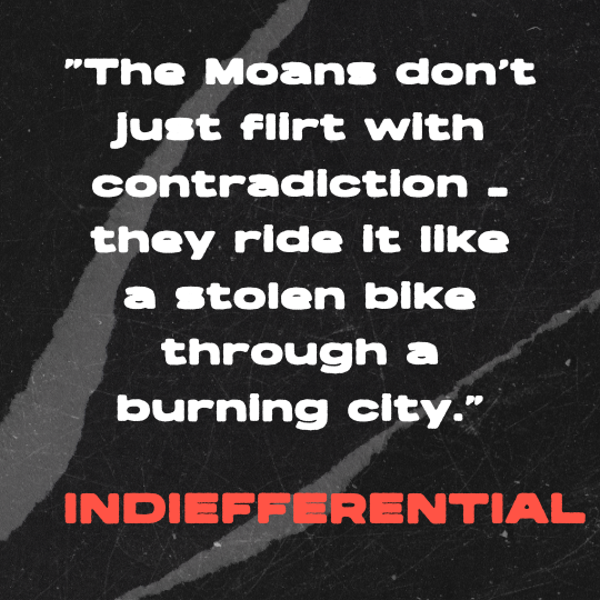 A black and gray torn-paper collage background with bold white text that reads: “The Moans don’t just flirt with contradiction — they ride it like a stolen bike through a burning city.” The quote is credited in red block letters to Indiefferential.
