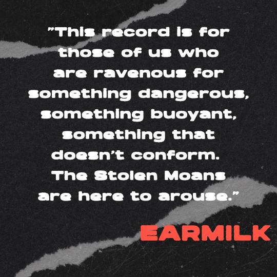 A torn paper collage background in black and gray features a bold white typewriter-style quote that reads: “This record is for those of us who are ravenous for something dangerous, something buoyant, something that doesn’t conform. The Stolen Moans a