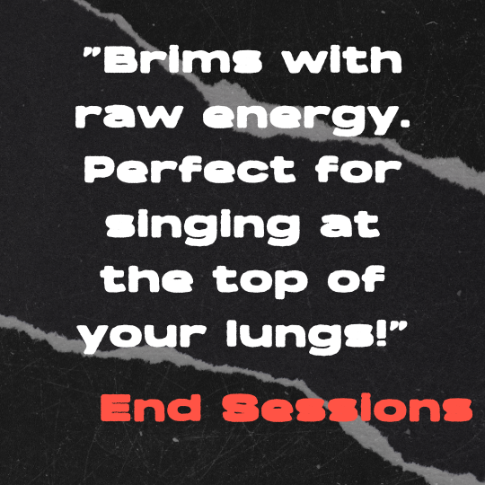 A black and gray torn-paper collage background with bold white text that reads: “Brims with raw energy. Perfect for singing at the top of your lungs!” The quote is credited in red block letters to End Sessions.