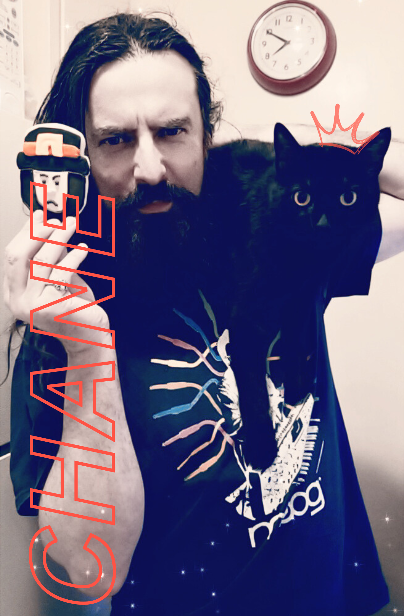 Chane of The Stolen Moans in the studio with the King of Claws, a black cat