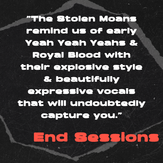 A black and gray torn-paper collage background with bold white text that reads: “The Stolen Moans remind us of early Yeah Yeah Yeahs and Royal Blood with their explosive style and beautifully expressive vocals that will undoubtedly capture you.” The 
