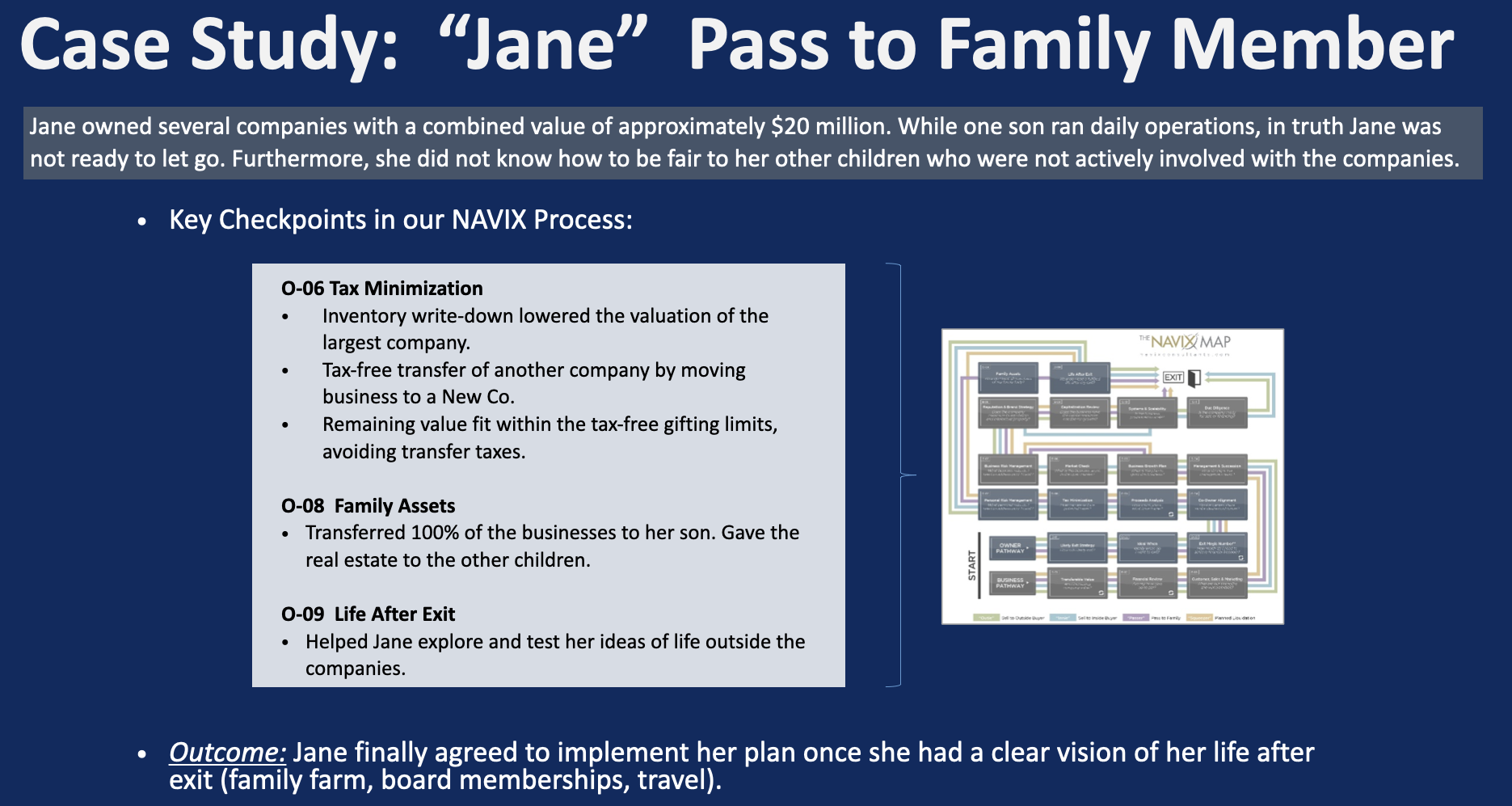 A presentation slide with the title "Case Study: 'Jane' Pass to Family Member." The slide discusses Jane's ownership of several companies valued at approximately $20 million, highlighting her process for transferring assets to her children, including key checkpoints in a NAVIX process. The slide includes bullet points on tax minimization, family assets transfer, and life after exit, and features a diagram labeled "The NAVIX Map." The background is dark blue, and the text is in white and light gray.