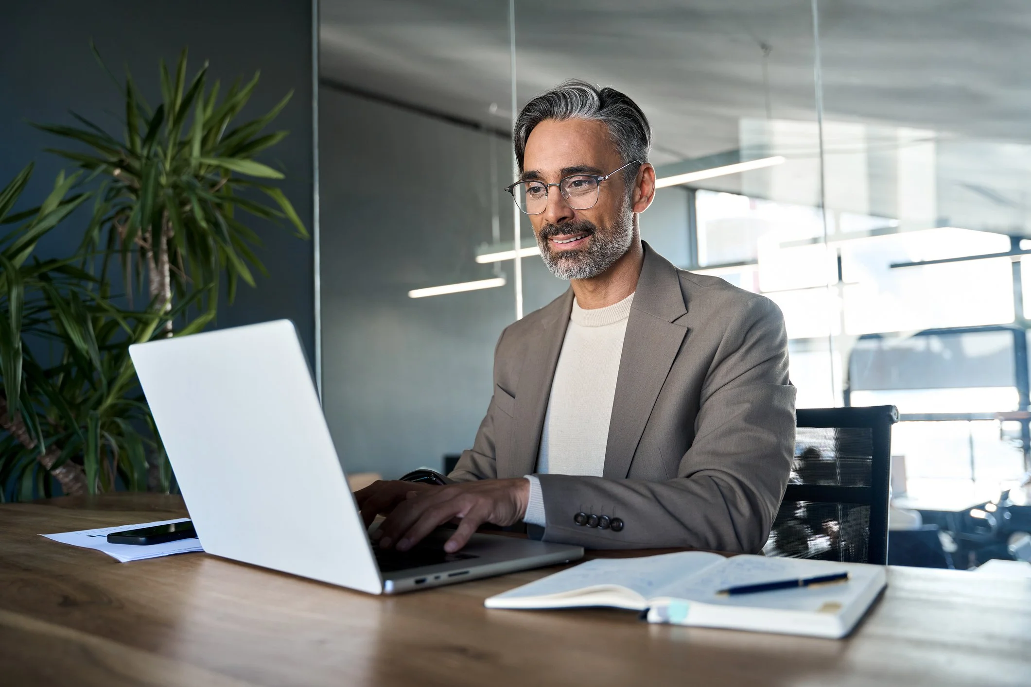 A middle-aged man with glasses and a beard working on a laptop in a modern office with large windows and a green plant.