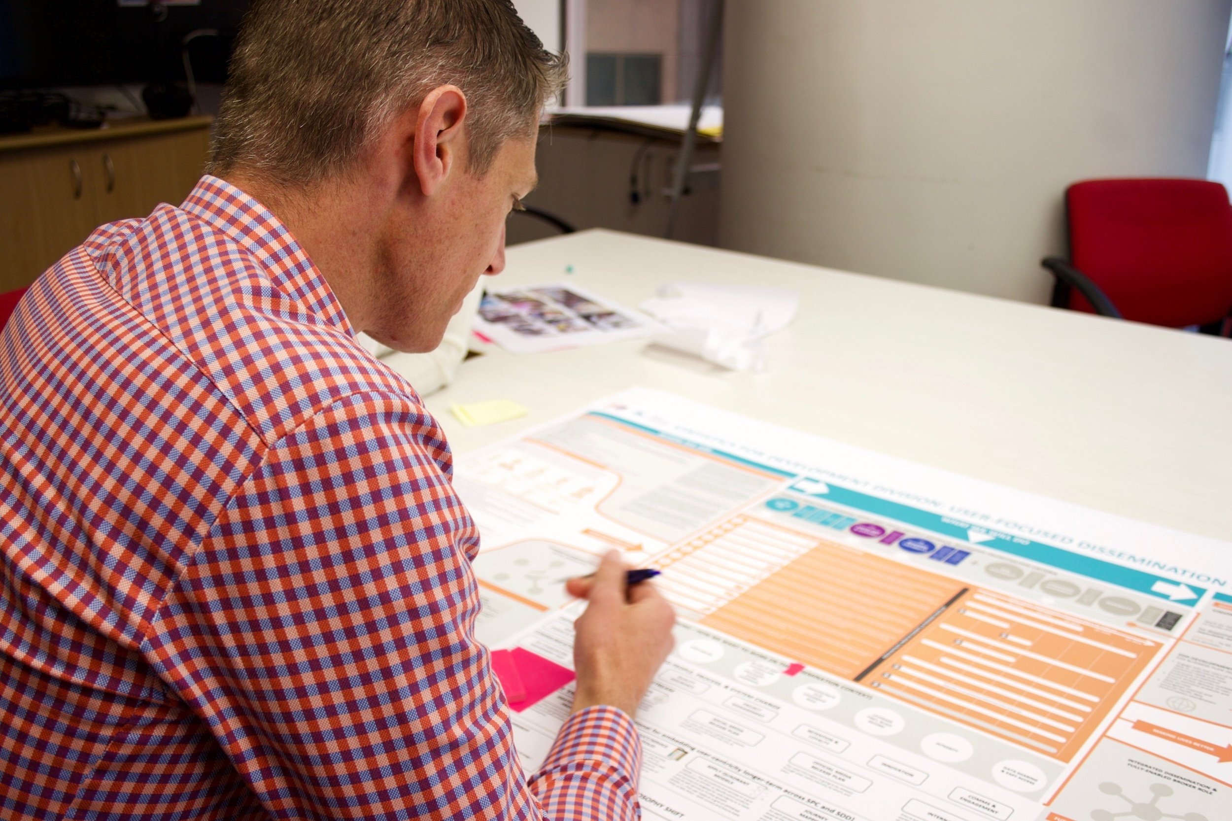 A man in a checkered shirt sitting at a table, filling out a form or worksheet with informational posters, in an office or conference room setting.