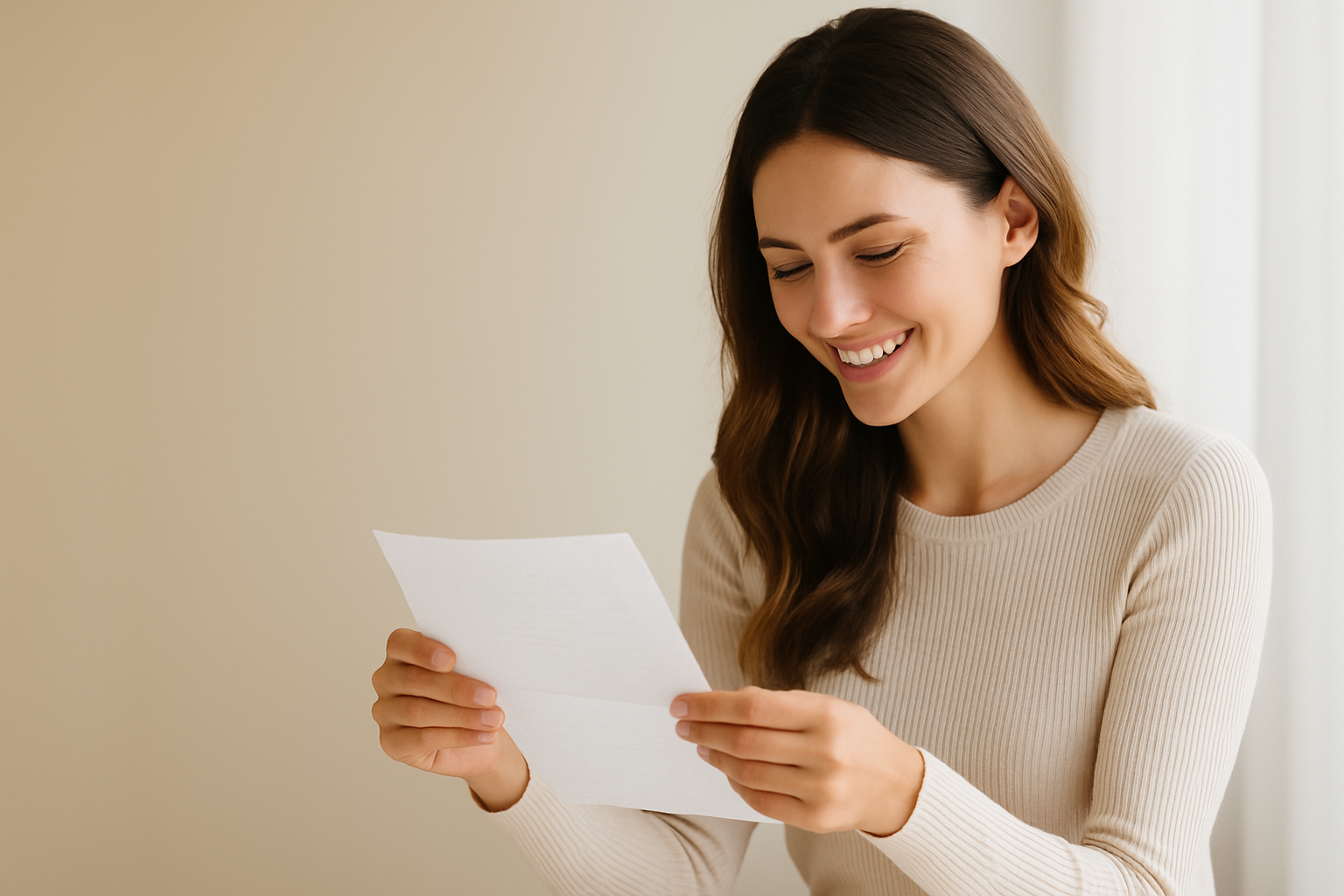 A woman with long brown hair smiling while reading a piece of paper in a bright room.