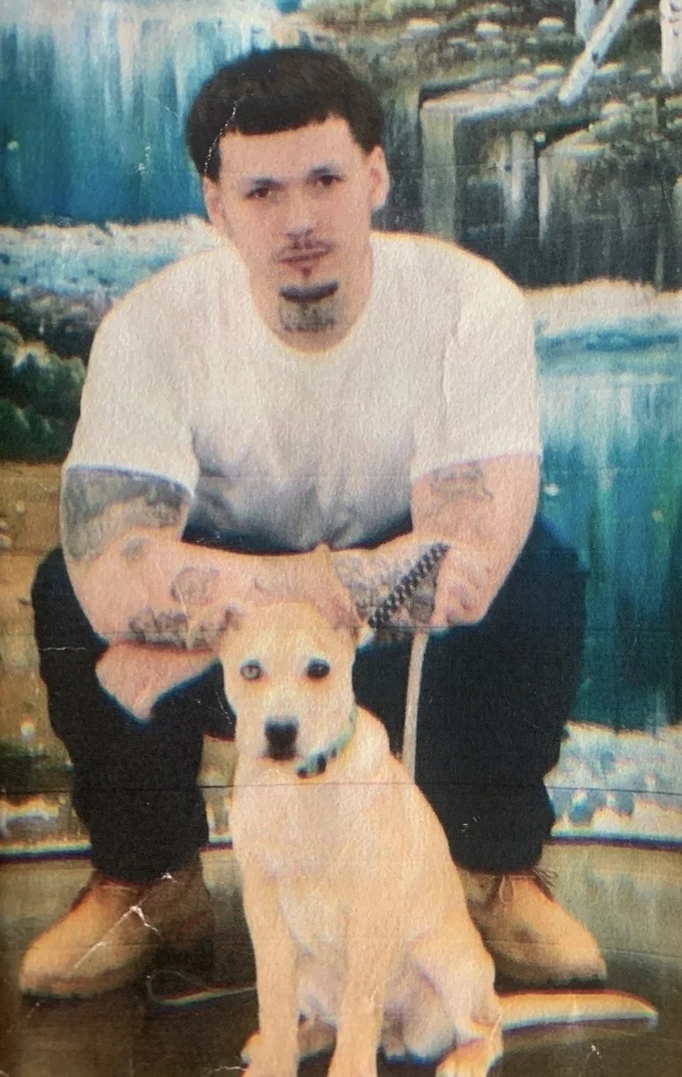 A man with tattoos, a goatee, and dark hair crouches behind a yellow dog with pointy ears, in front of a painted background of a waterfall and forest.