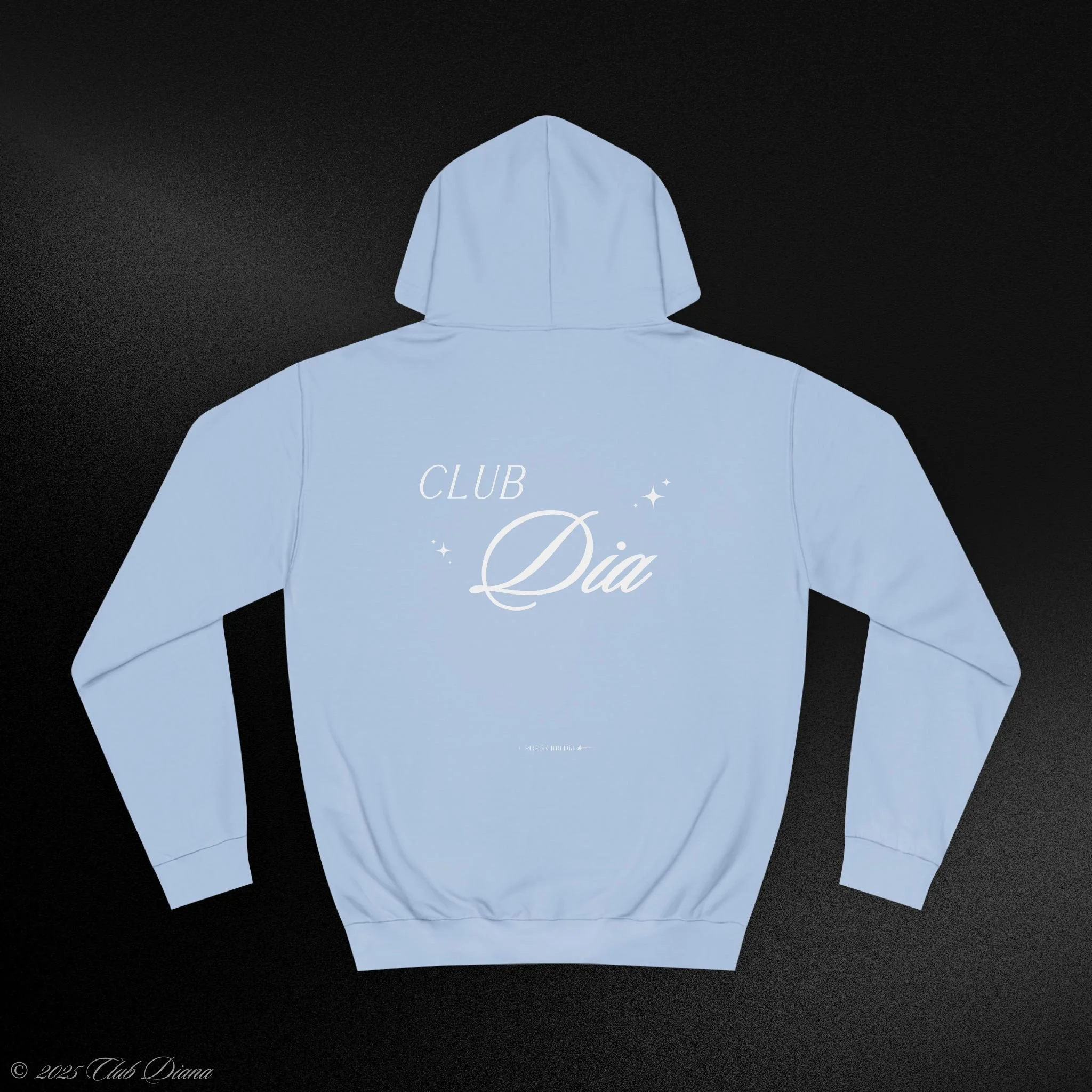 Light blue hoodie with the words 'Club Dia' written on the back in white lettering, along with small star accents, placed on a black background.