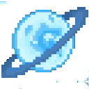 Pixel art depiction of a blue planet with a ring orbiting it