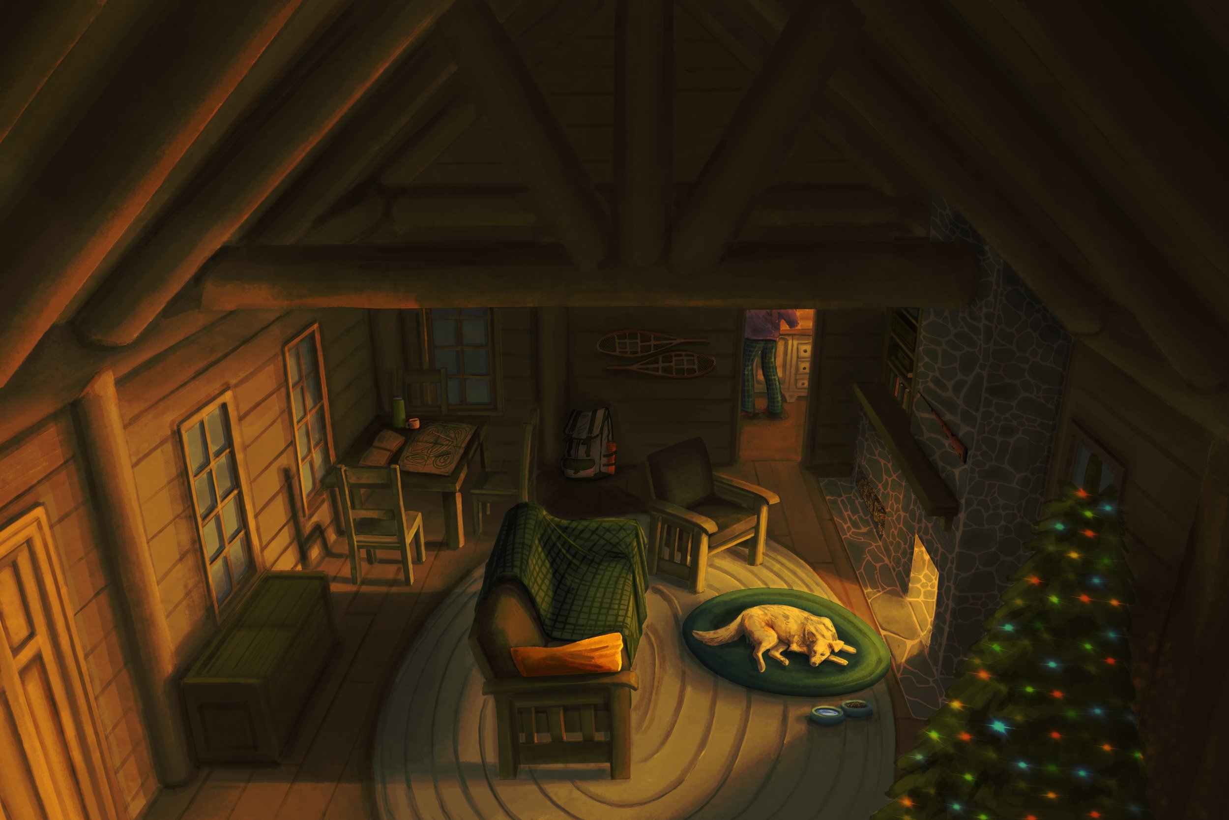 A concept illustration of a cabin living room with a dog sleeping by the fireplace from a perspective from the interior roof.