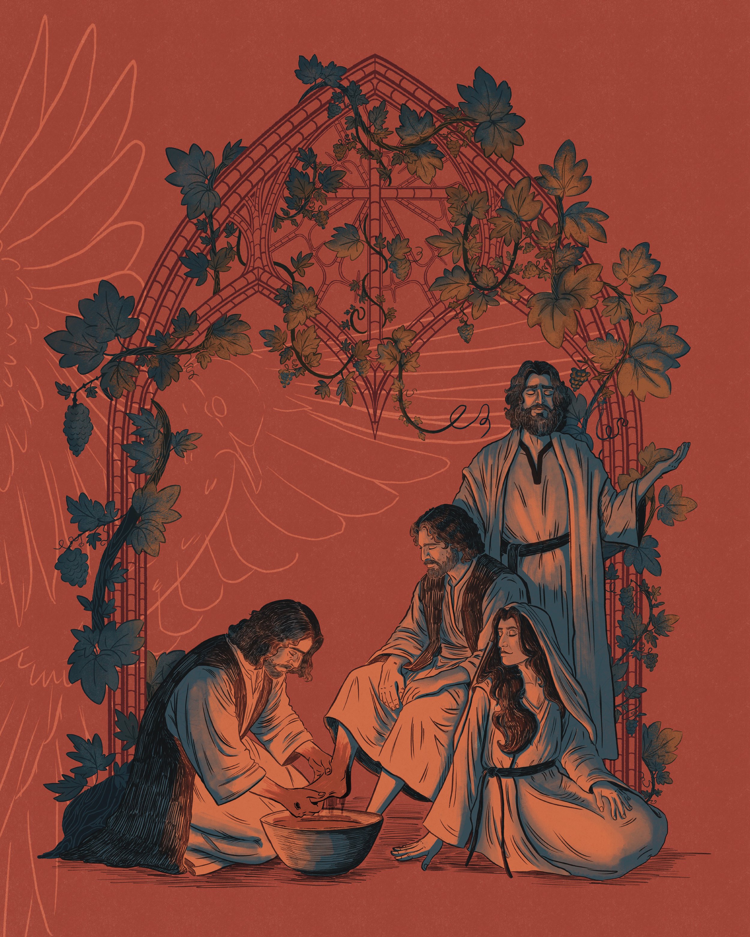 An illustration of Christ washing one of the disciples' feet with blood. They are surrounded by crawling grapevines and dove is behind them.