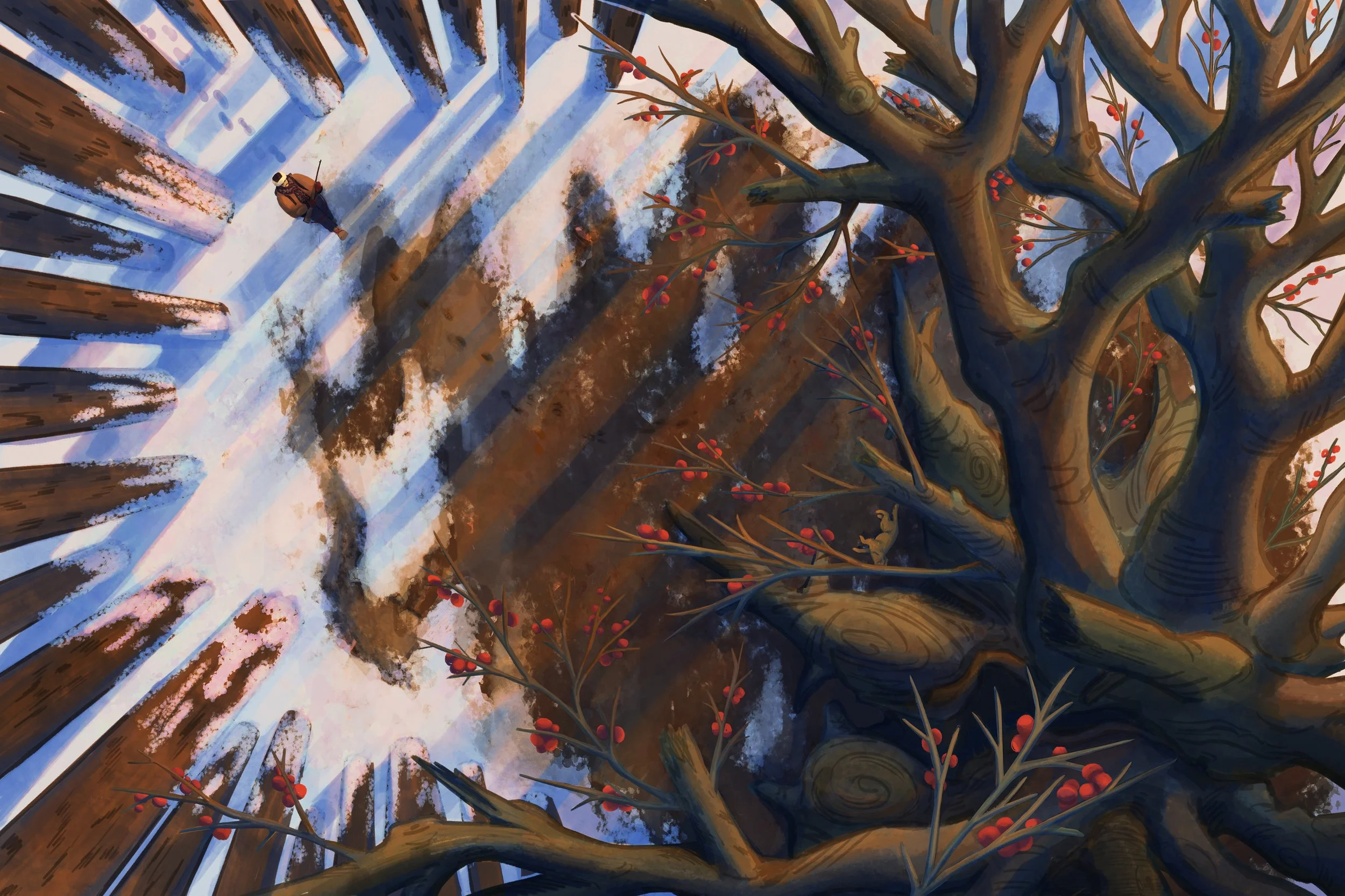 An illustrated environment design depicting a top down view of a man walking up to a large, menacing tree in a snowy forest at sunset.