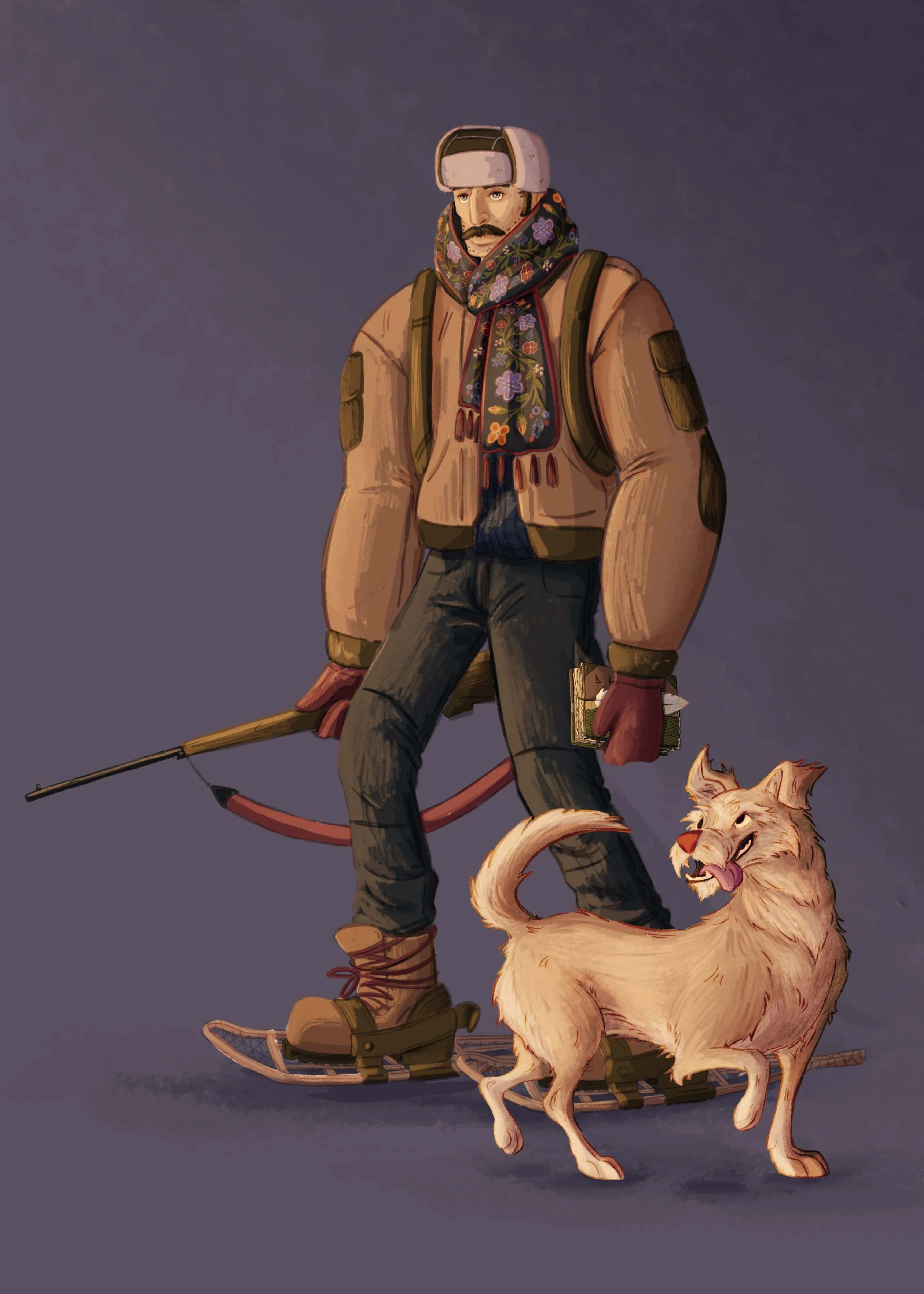 Illustration of a male character in a scarf and winter hat, holding a hunting rifle and a book. There is a yellow scruffy dog looking up at him.