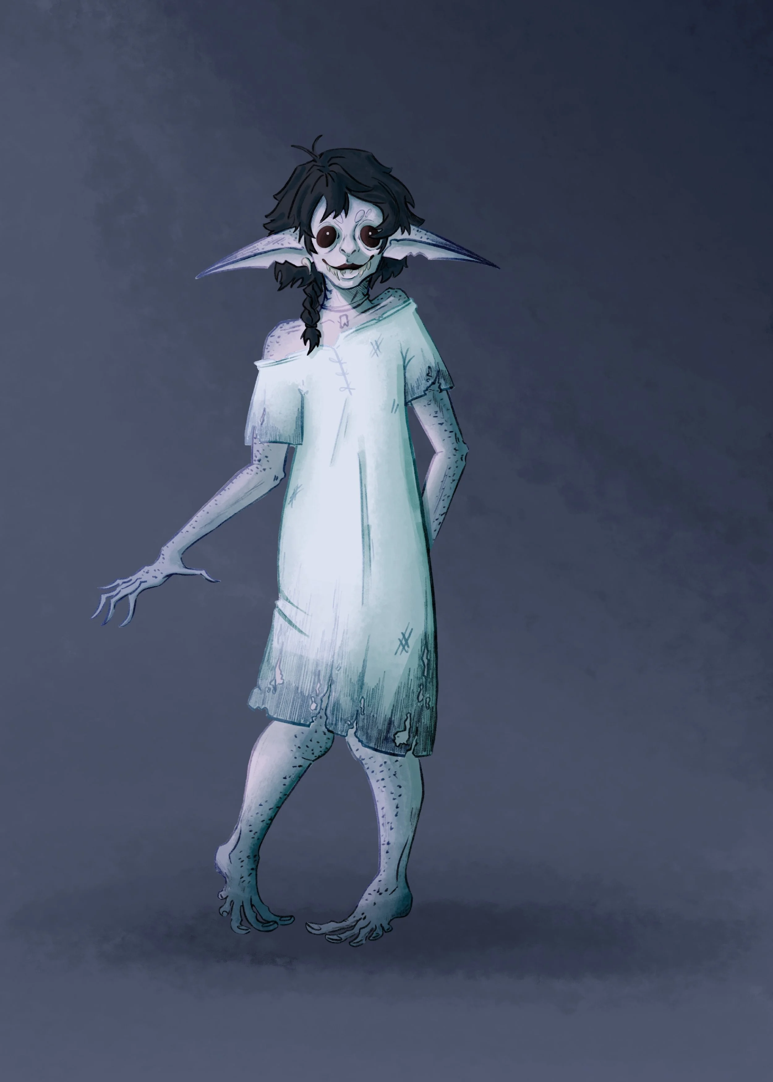An illustration of a monsterous, child-like, fantasy character like a fairy.