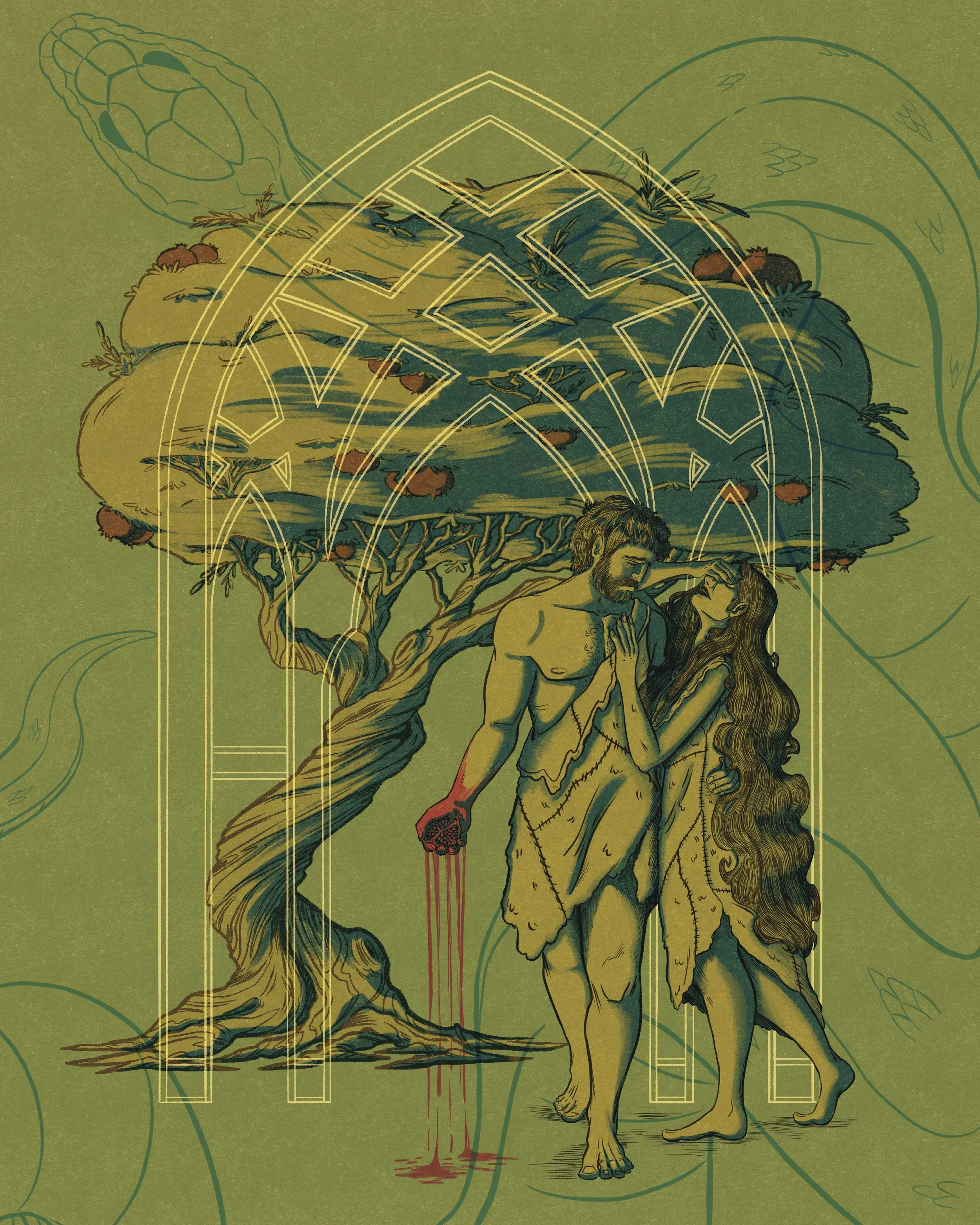 An illustration of Adam and Eve, a pomegranate tree, and a snake.