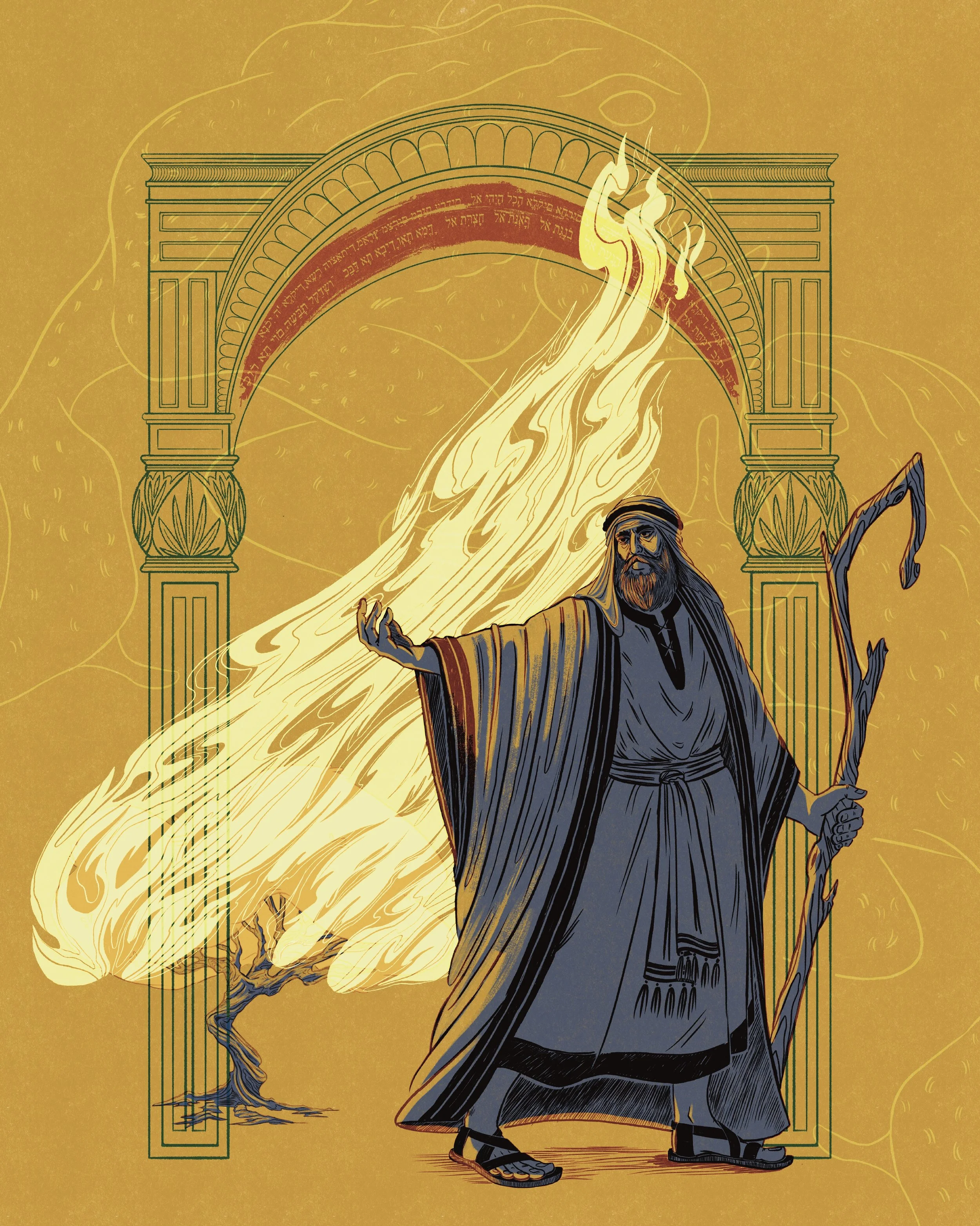 An illustration of Moses, the burning bush, frogs, and blood on an Egyptian inspired door frame. Inside of the blood is the Ten Commandments in traditional Hebrew.