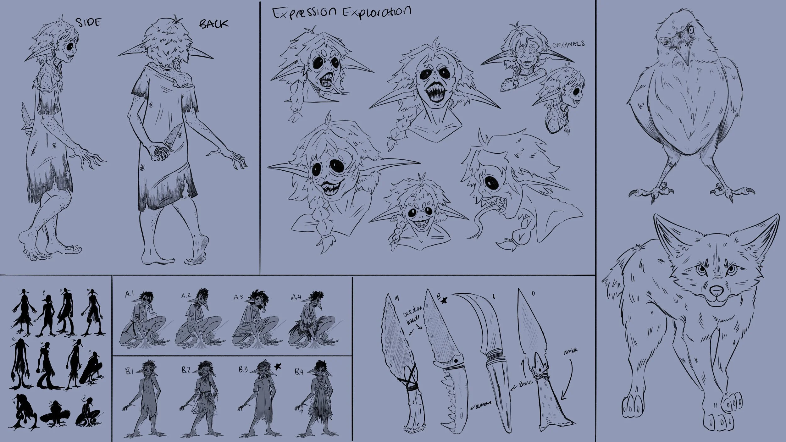 Complete black and white character illustration sheet, showing the different steps of the character design process for the fairy character ranging from silhouettes and rough sketches, to final products without color.