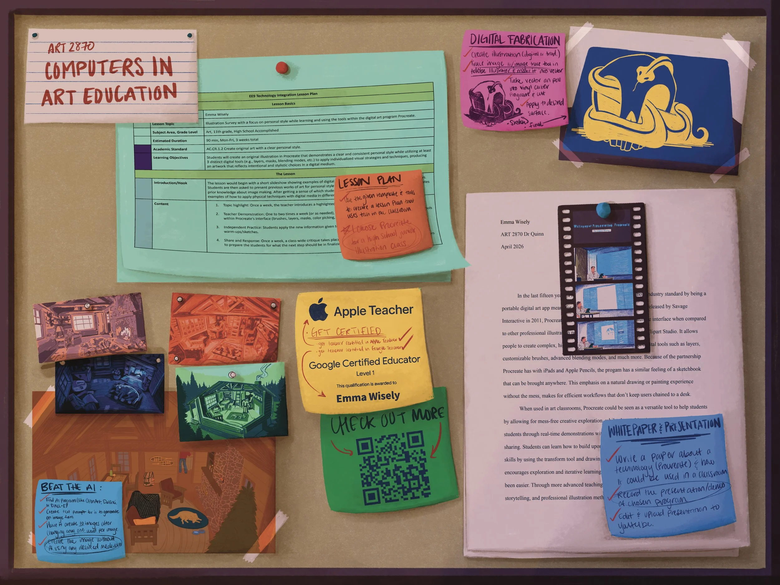 An illustrated poster that looks like a bulletin board. There are illustrated sticky notes describing illustrated papers or images in this bulletin board.