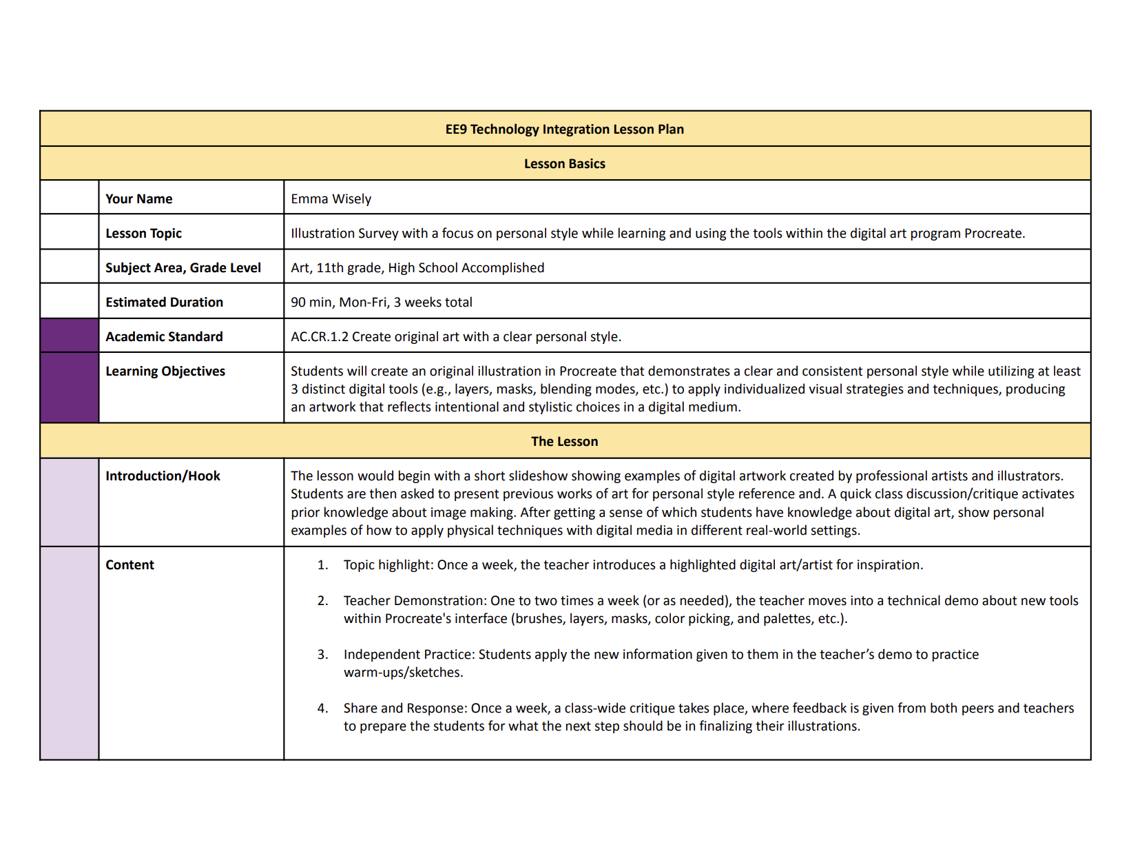 A screenshot of the first page of a lesson plan