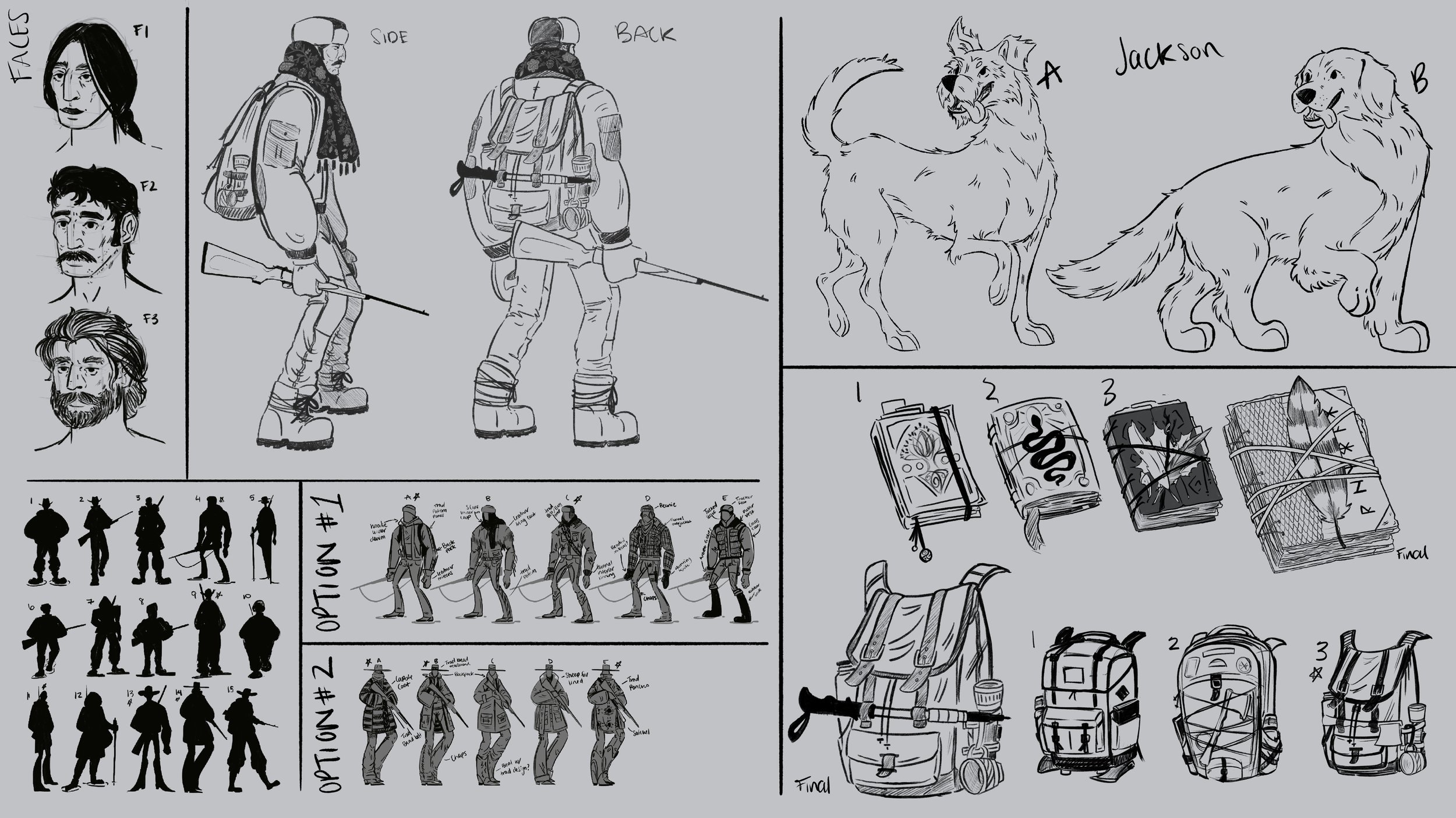 Complete black and white character illustration sheet, showing the different steps of the character design process from silhouettes and rough sketches, to final products without color.