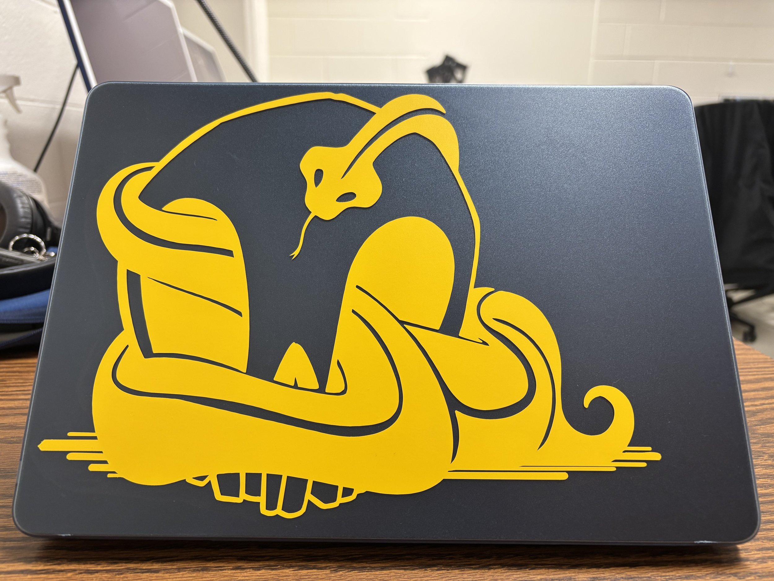 An photograph of a vinyl sticker of a snake and a skull stuck to a laptop cover.