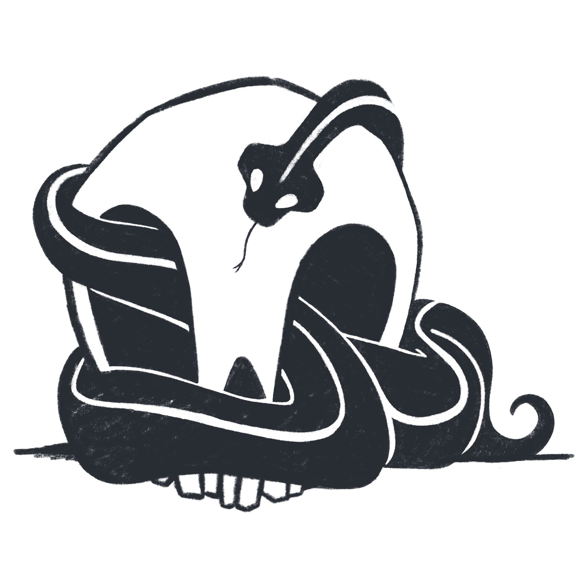 An digital illustration of a snake and a skull