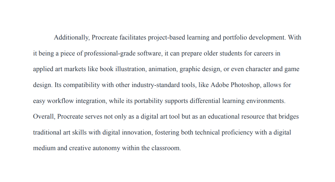 A screenshot of the conclusion of a paper about the program Procreate.