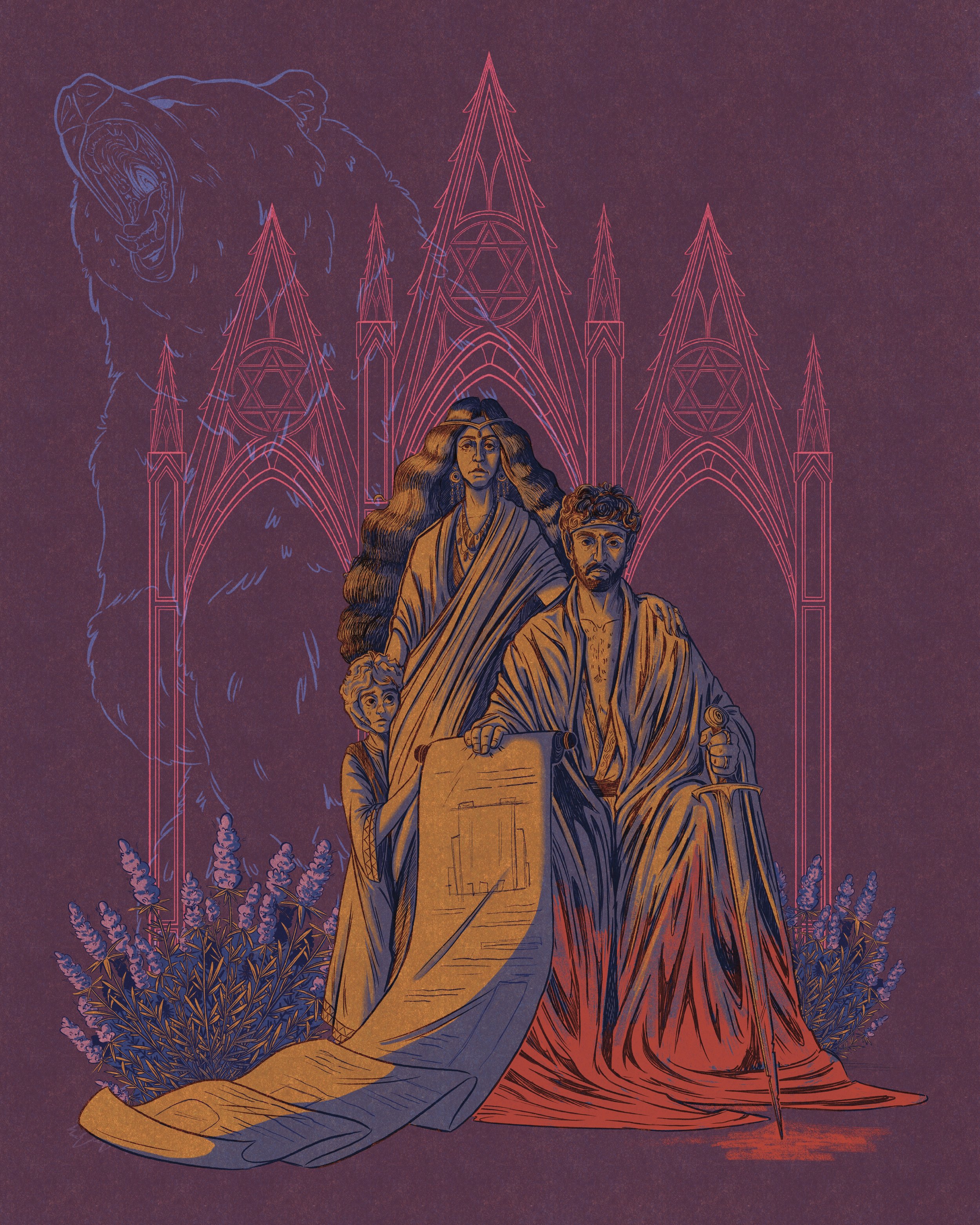 An illustration of King David, Bathsheba, and young Solomon. There is a bear behind them and they are surrounded by hyssop. David is holding the blueprints of the Temple in his right hand.