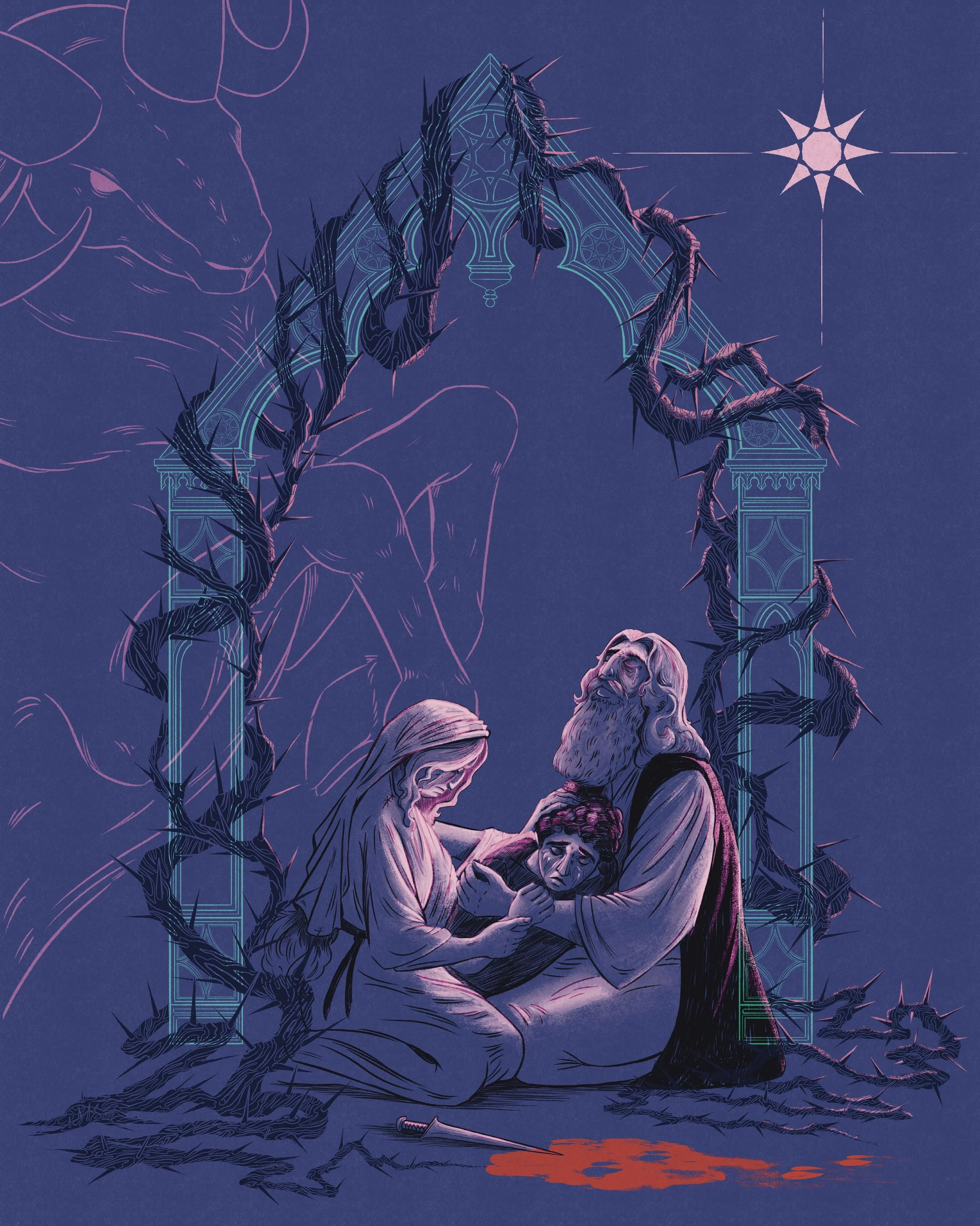 An illustration of Abraham, Issac, and Sarah, surrounded by the thicket, a ram, and a star.