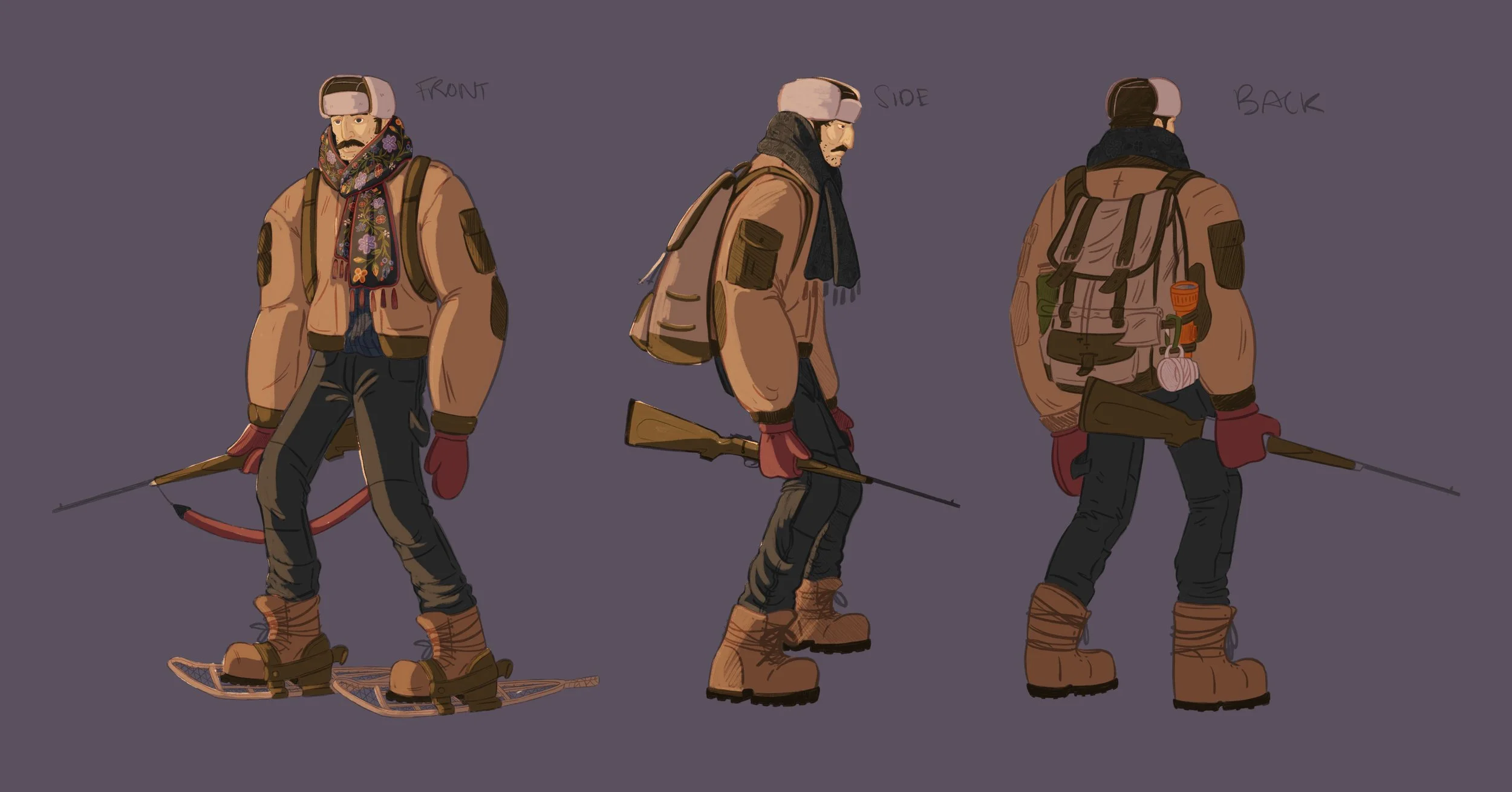 A front, side, and back view of a male character illustration.