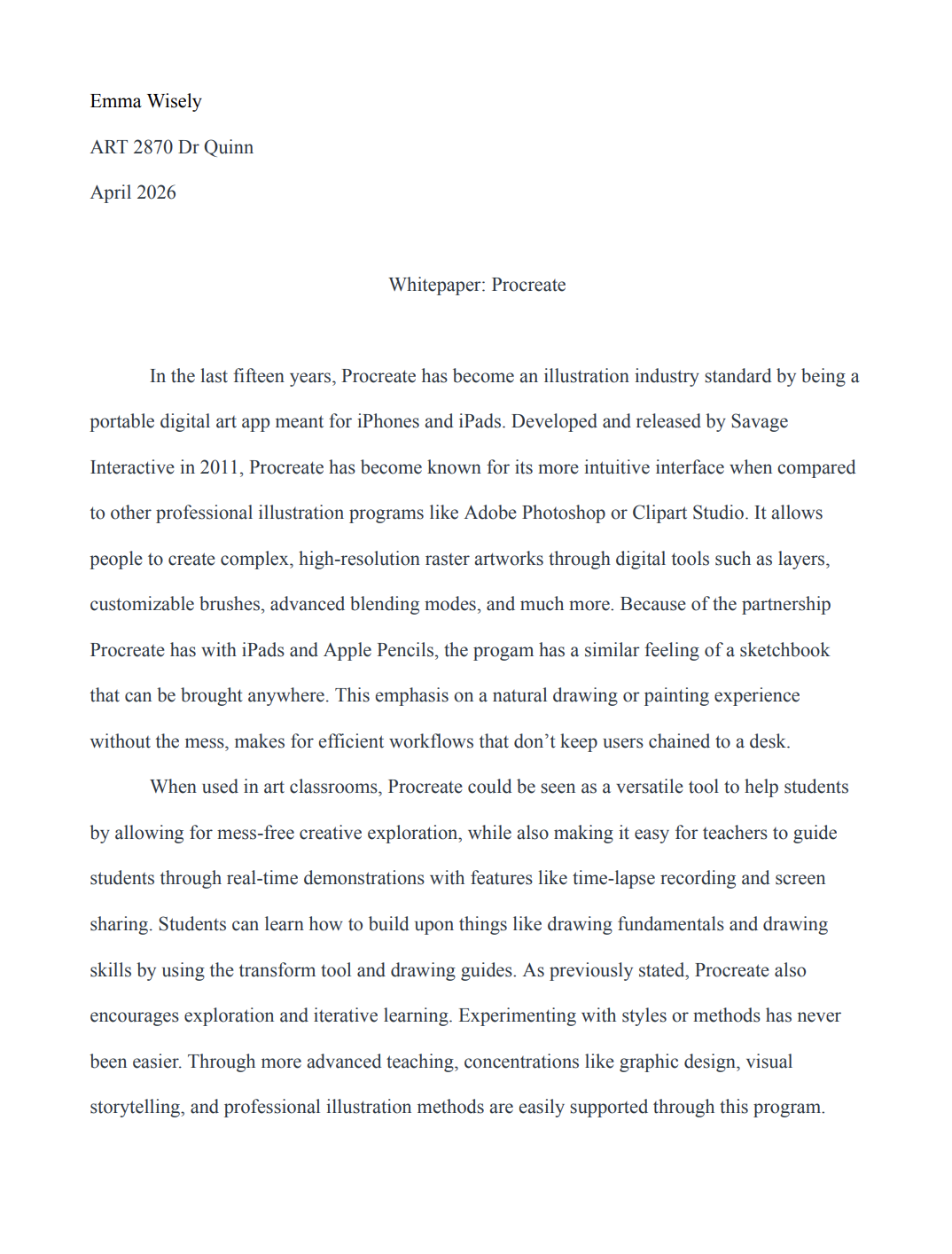A screenshot of the first page of a paper about the program Procreate.