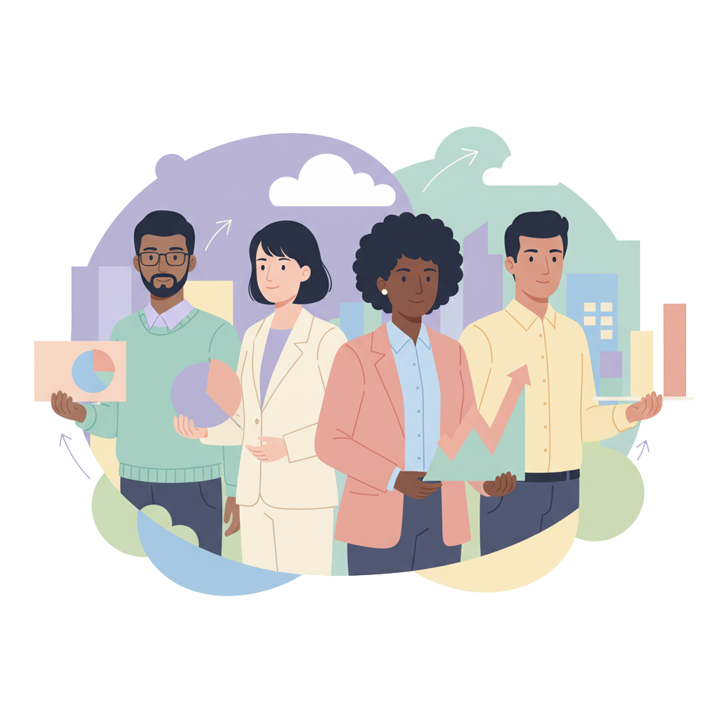 Illustration of four diverse professionals holding charts and graphs in an urban setting with buildings and clouds in the background.