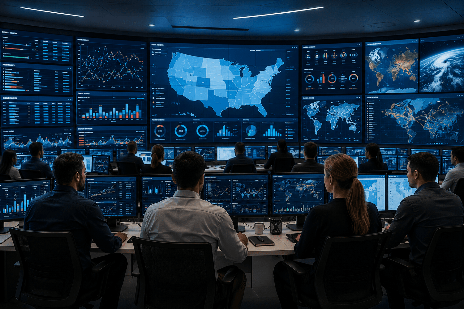 Team reviewing live health data on multiple screens