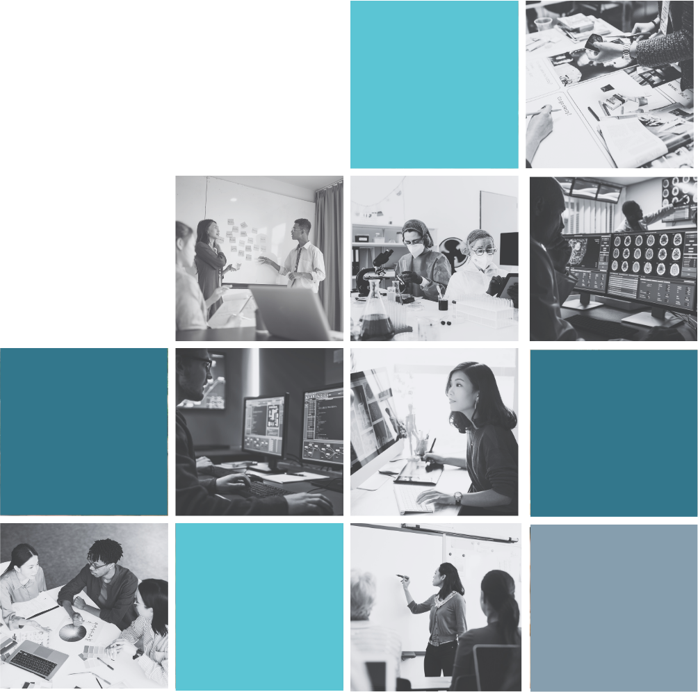 Collage of people working and collaborating in various office and laboratory settings, including meetings, research, and data analysis.