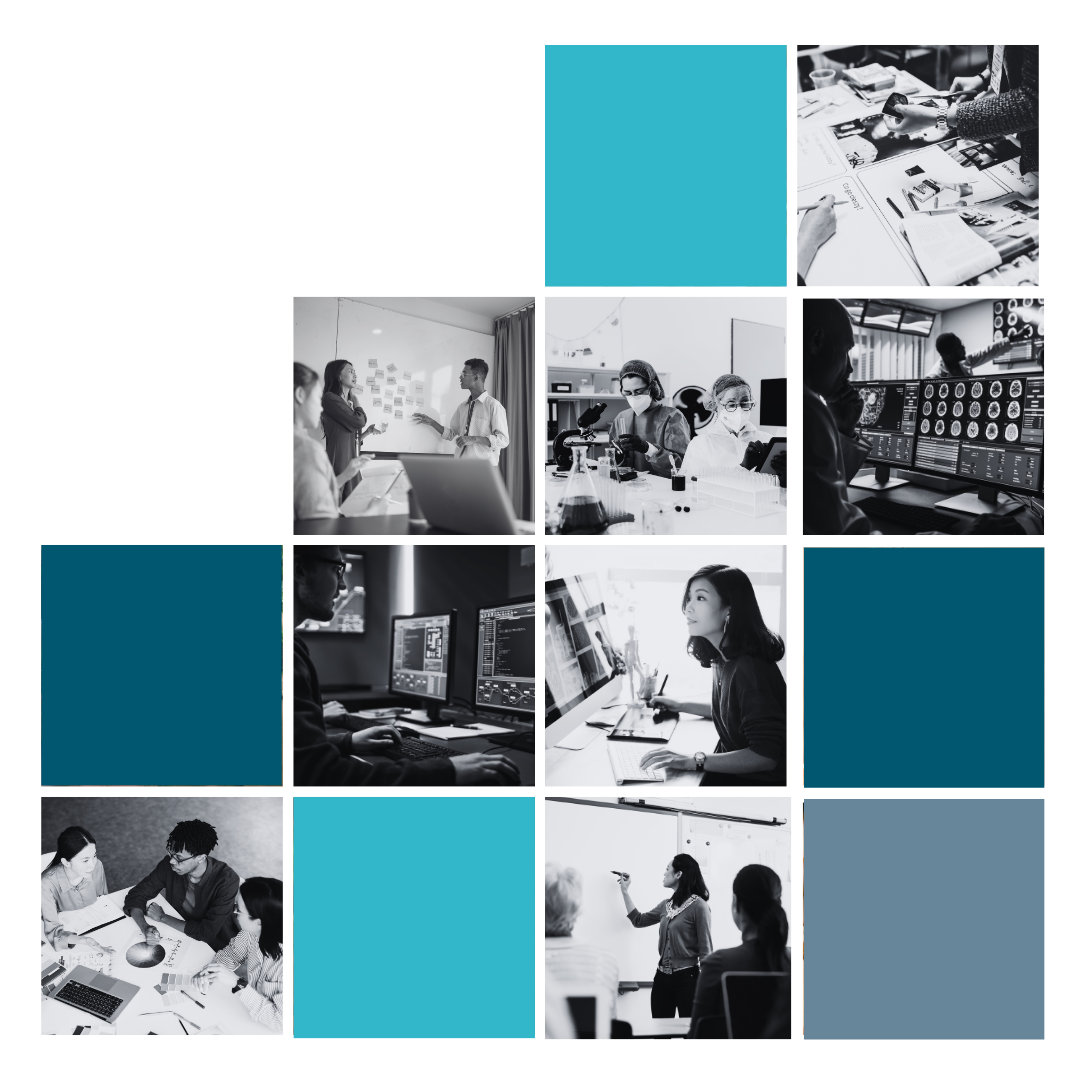 Collage of professionals in various work environments including team meetings, scientists in lab, data analysts at computers, and educators in classroom.