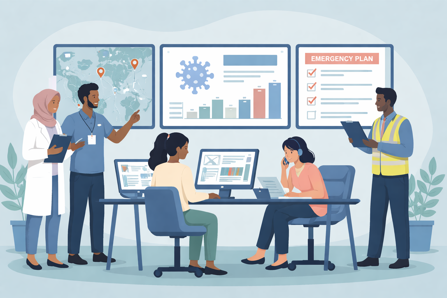 Healthcare team collaborating in a control room with monitors showing data, a world map, COVID-19 graphics, and an emergency plan.
