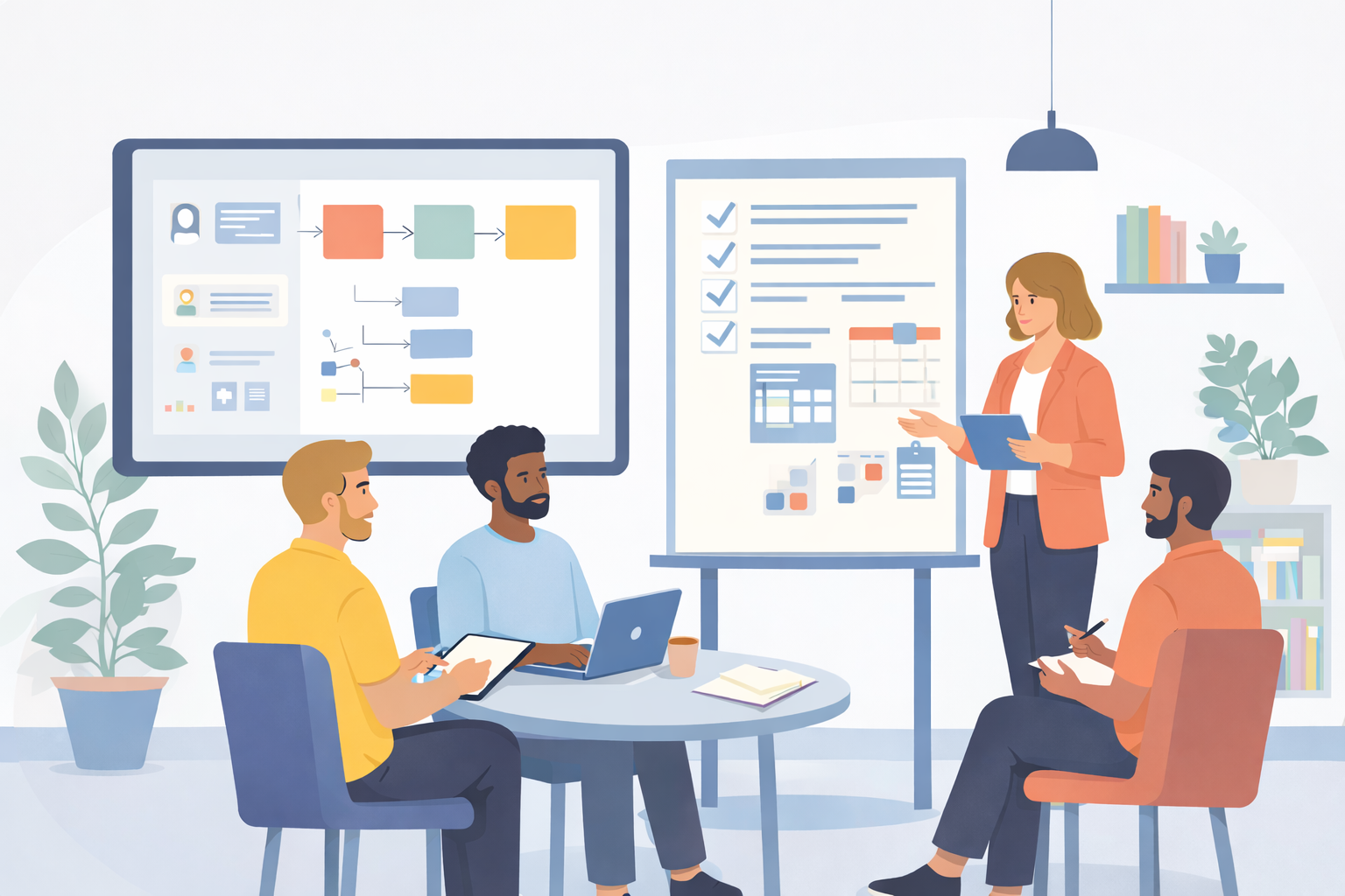 A business meeting with a woman presenting to three men in a modern office, with large screens displaying charts and schedules.