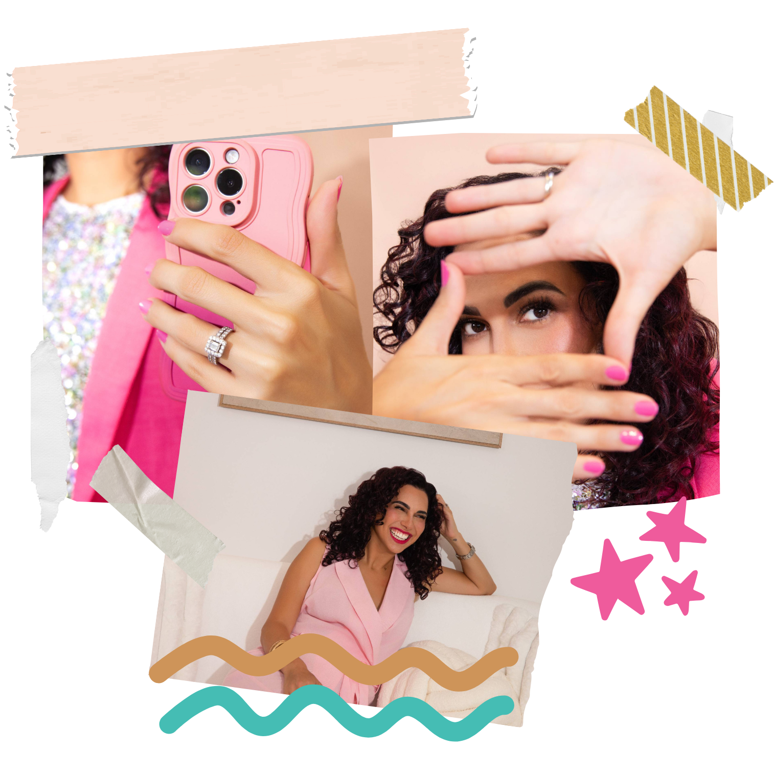 A collage of photos featuring a woman with curly dark hair. In one photo, she is holding a pink smartphone with a ring on her finger. In another, she frames her face with her hands. In the third, she is sitting on a white couch, smiling with her head tilted and resting her hand on her head.