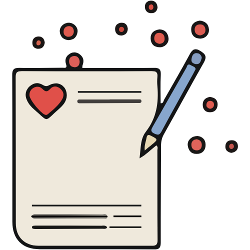 A digital illustration of a handwritten letter with a red heart symbol, a pencil, and decorative red and black dots in the background.
