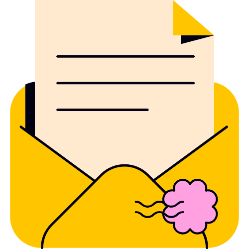 An envelope with a letter inside and a pink flower attached to the envelope.