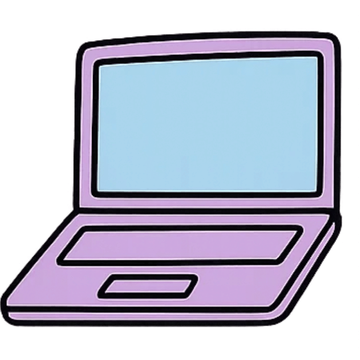 A stylized illustration of a purple laptop with a blue screen.