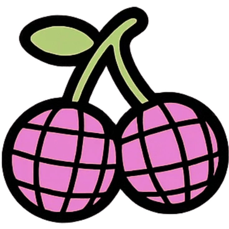 Cartoon pink cherries with green leaves and stems, outlined in black.
