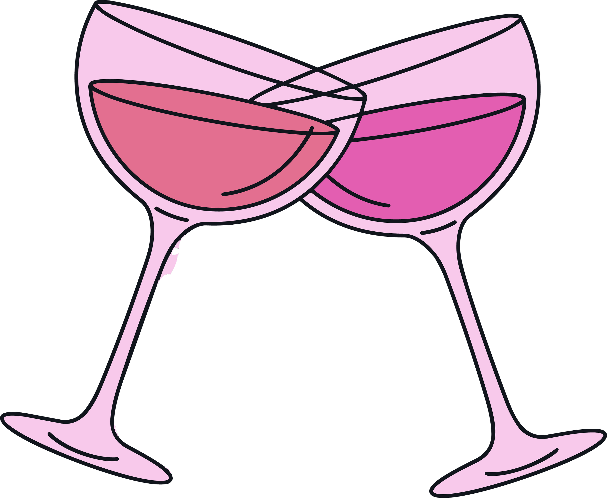 Graphic illustration of a wine glass with a pink and purple color scheme, set against a black background.