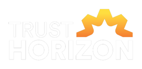 Trust Horizon logo with stylized horizon and sun on black background.