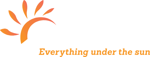 Logo of Whakatane District Tourism with a stylized sun and orange details, and the text "Whakatane District" and "Everything under the sun".