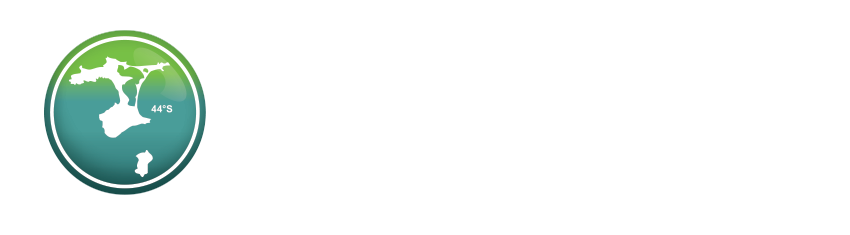 Green and white map of the world with the text 44°S indicating 44 degrees south latitude.