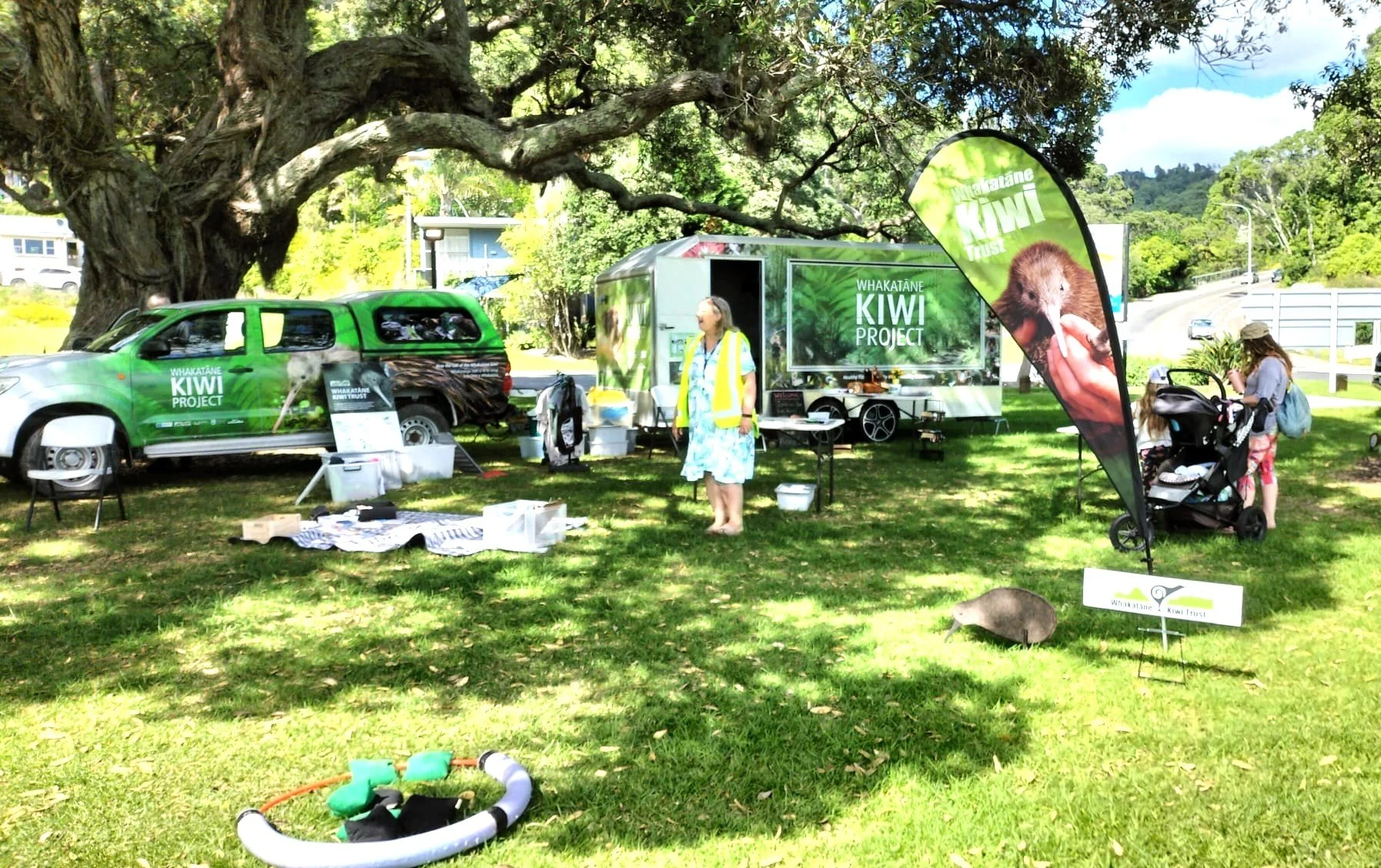 A park scene with a large tree and a green vehicle and trailer promoting the Whakatāne Kiwi Project. A woman in a yellow vest, a woman with a stroller, and a small animal on the grass are visible.