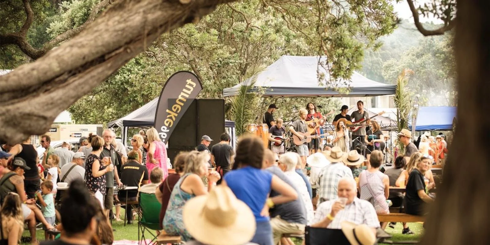 Local Wild Food Festival music stage, musicians playing guitars, and a large crowd of people sitting and standing on the grass, some under the shade of trees, enjoying the performance.