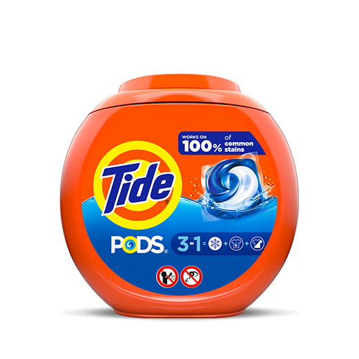 A container of Tide Pods laundry detergent in an orange round container with a blue label, showcasing a swirling laundry symbol and icons indicating usage.