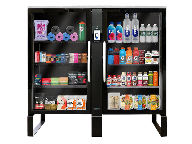 A black kitchen cabinet filled with health and fitness products, supplements, water bottles, protein drinks, and snacks.
